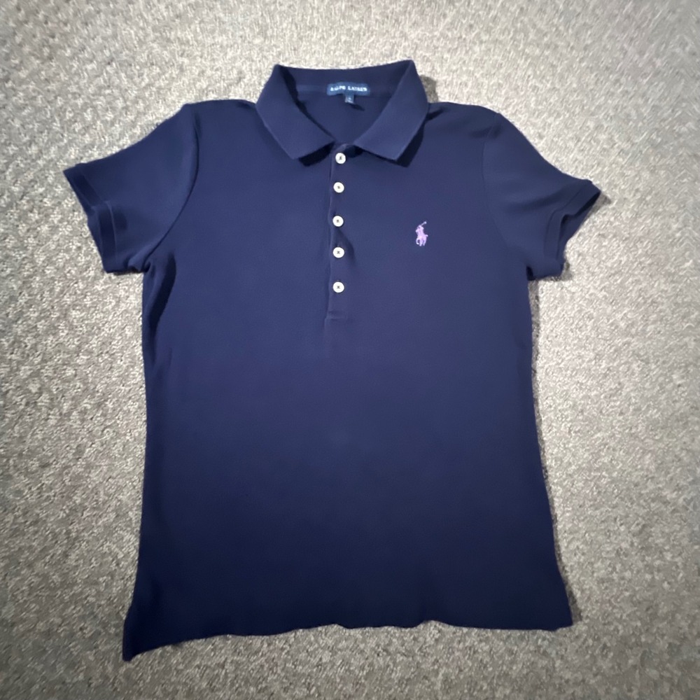 Ralph Lauren Polo Shirt Girls Large Navy Blue Purple Pony Logo Short Sleeve